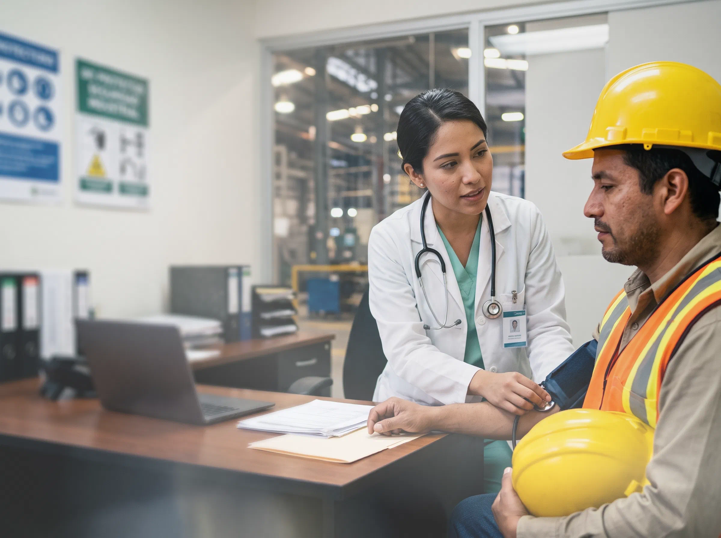 Médica del servicio médico de la empresa tomando la presión arterial a un trabajador con casco y chaleco de seguridad