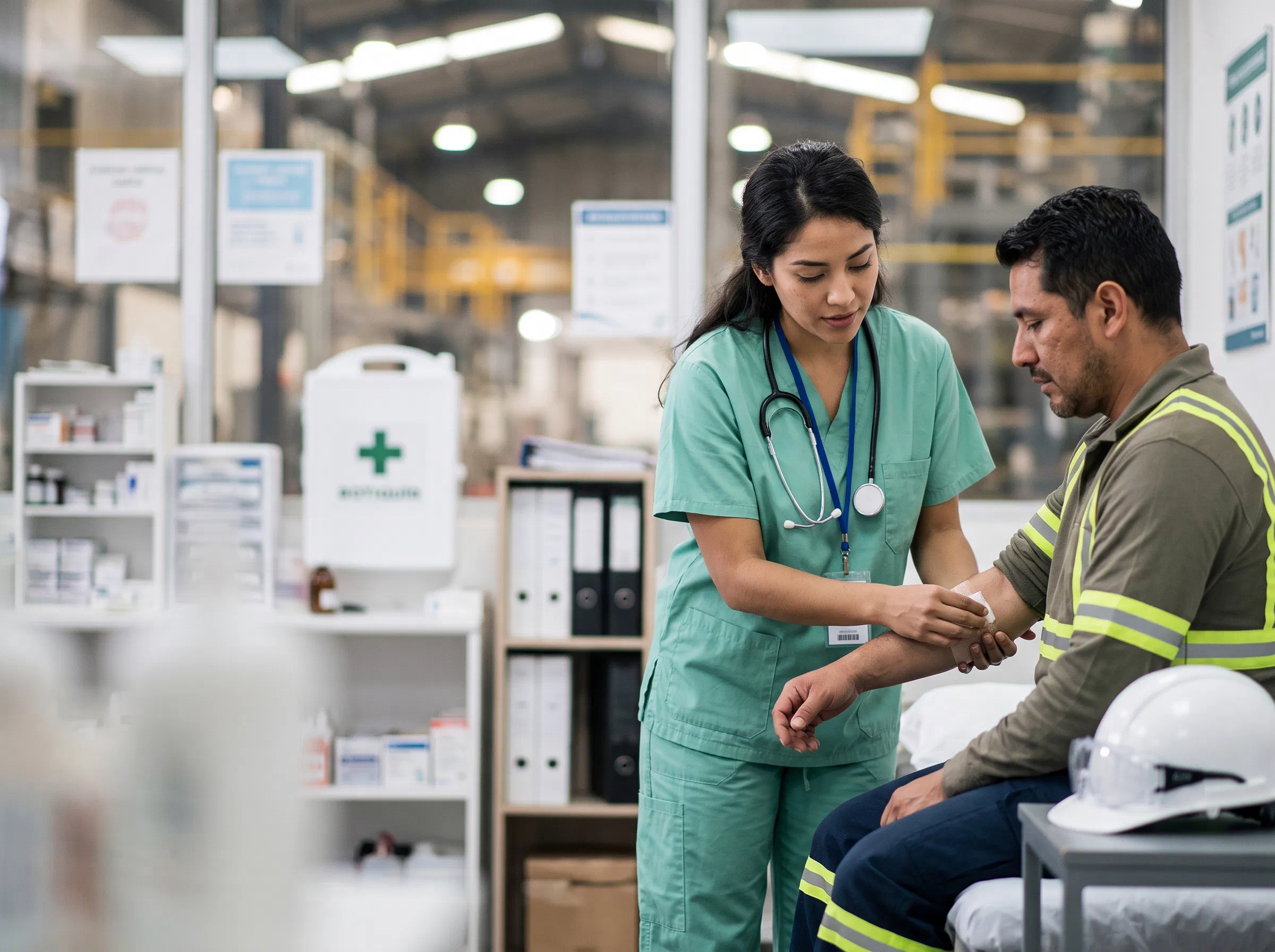 Enfermera curando el brazo de un trabajador en la enfermería de la planta